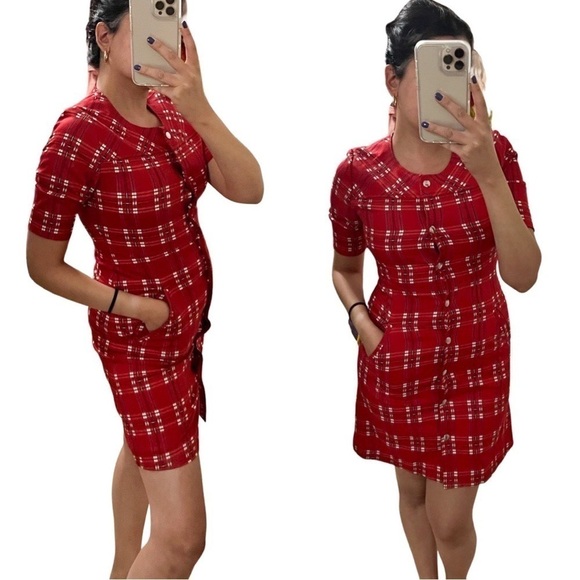 MAISON KITSUNE Plaid Buttoned Short Sleeve Mini Dress Red Sz S - Picture 1 of 6